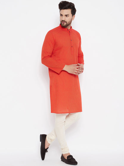 Men's Cotton Striped Orange Kurta