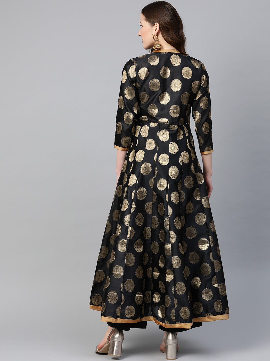 Women's Â Black And Golden Ethnic Motifs Printed Brocade Raw Silk Anarkali Kurta