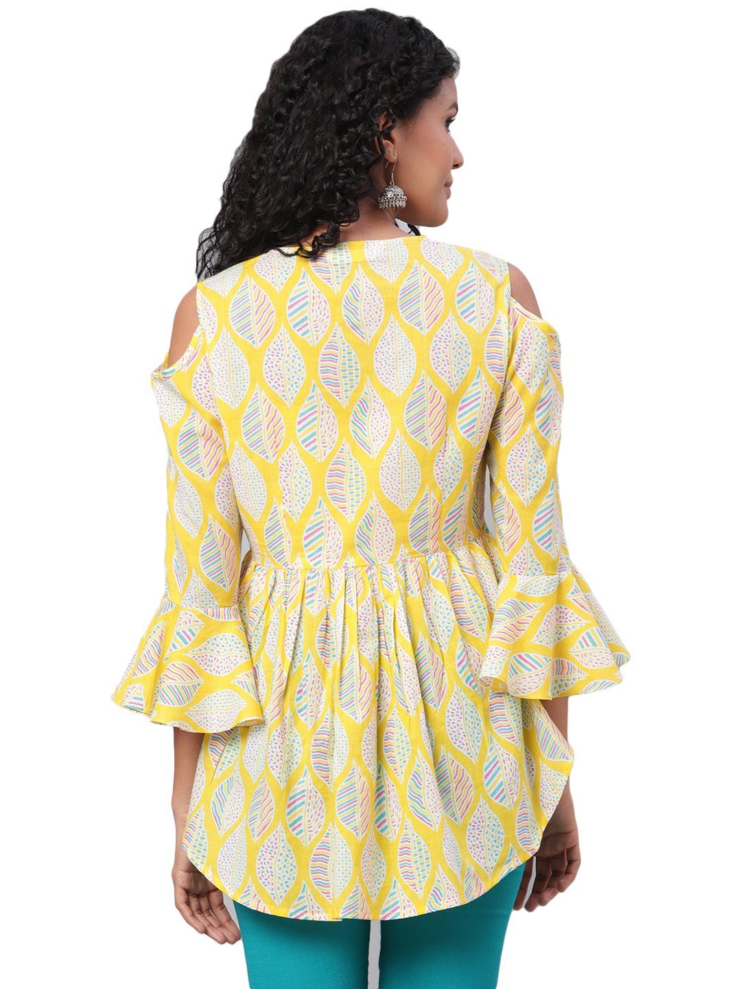 Women's Yellow Printed 3/4 Sleeve Round Neck Cotton Casual Top