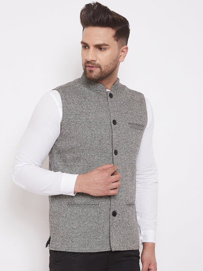 Men's Solid Grey Wool Nehru Jacket