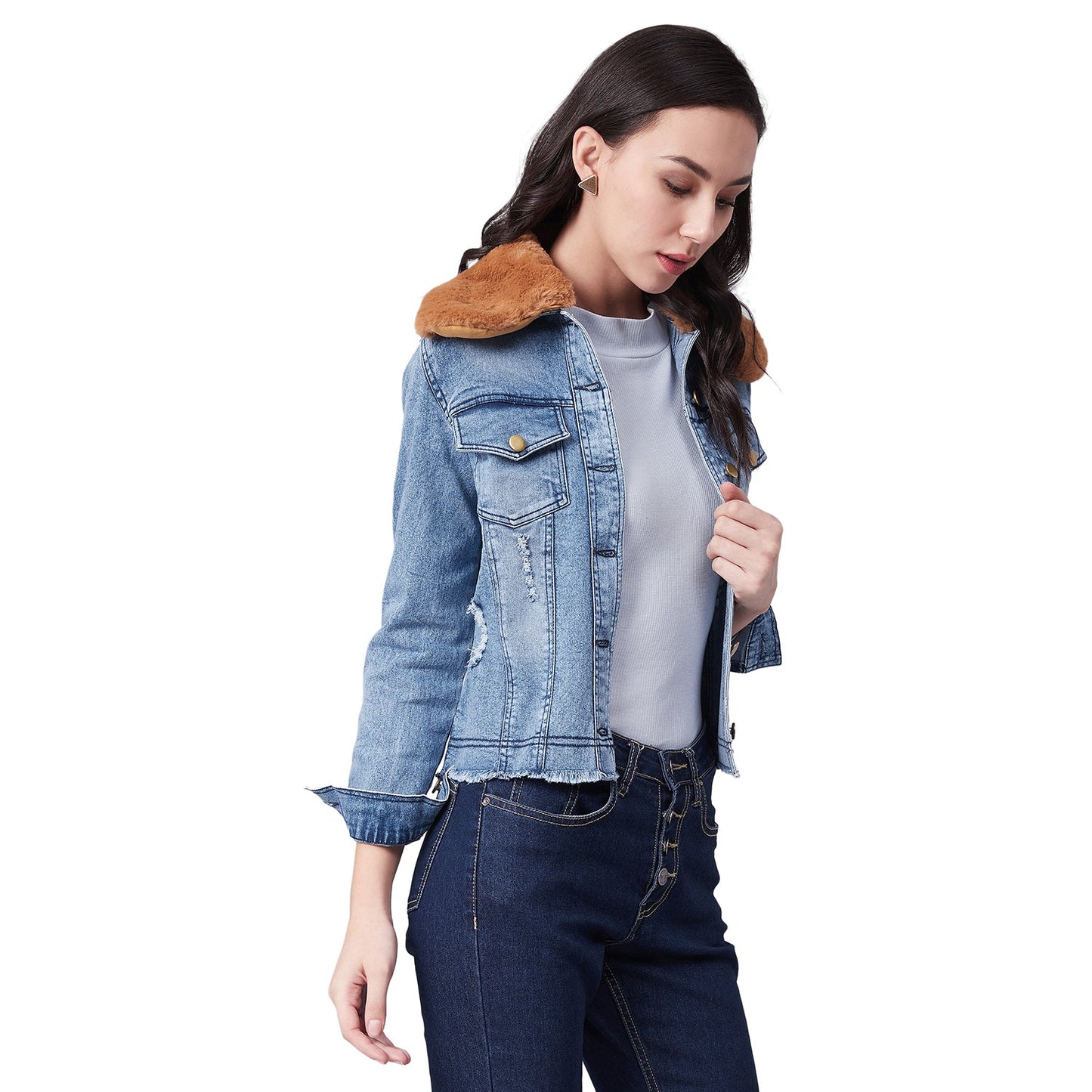Women's Distressed Denim Jacket with Detachable Brown Fur Collar