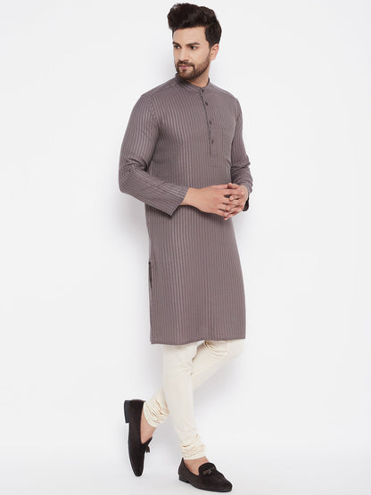 Men's Striped Straight Grey Kurta