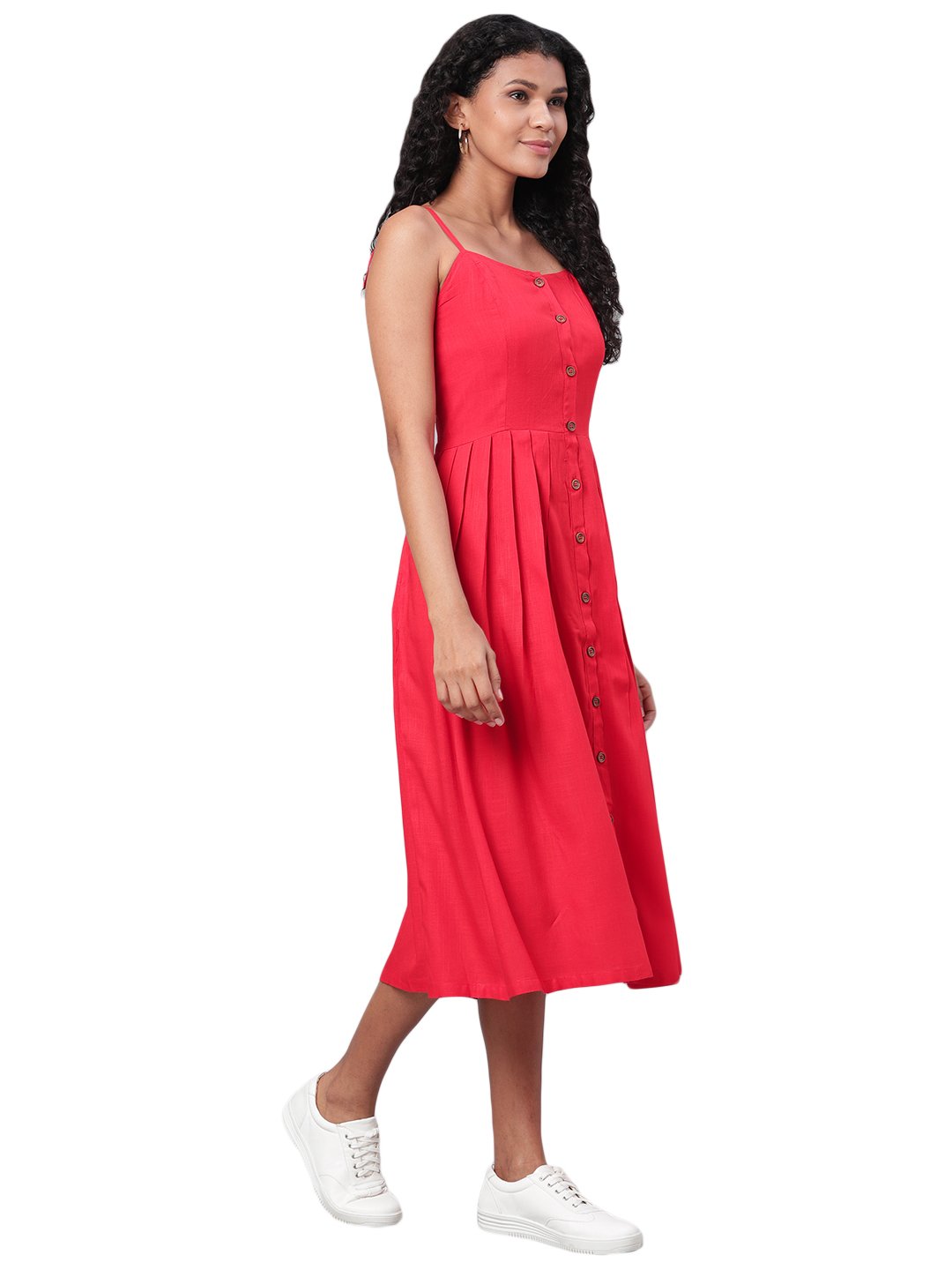 Women's Red Printed Sleeveless Cotton Slub Streps Neck Casual Dress