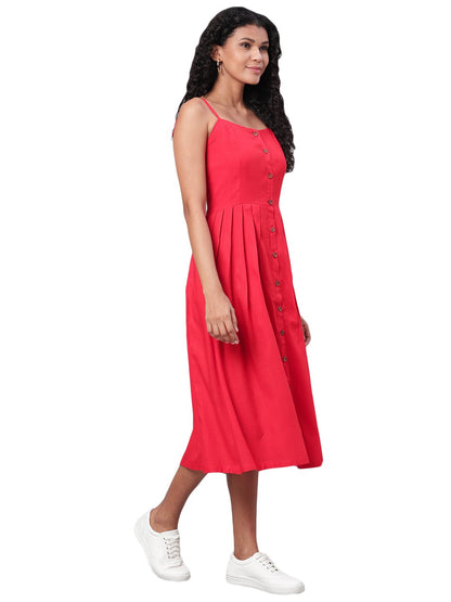 Women's Red Printed Sleeveless Cotton Slub Streps Neck Casual Dress