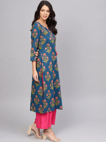 Women's Blue & Peach-Coloured Printed Straight Kurta