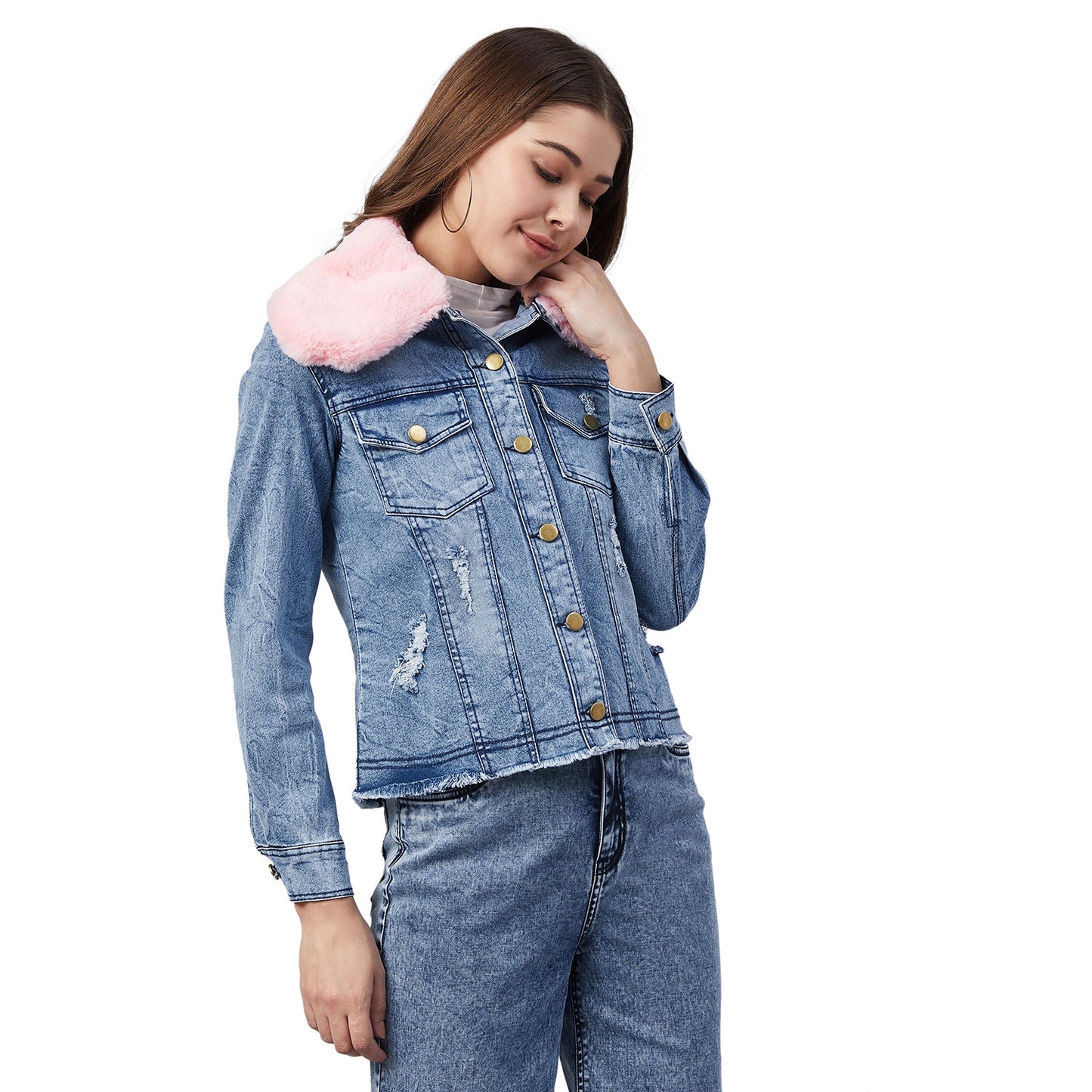 Women's Distressed Denim Jacket with Detachable Pink Fur Collar