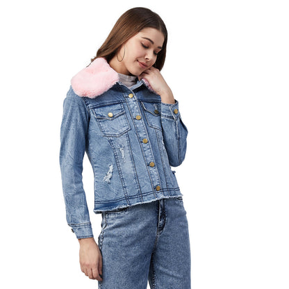 Women's Distressed Denim Jacket with Detachable Pink Fur Collar