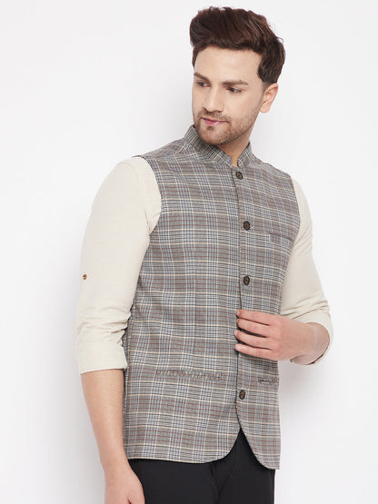 Men's Brown Color Woven Nehru Jacket