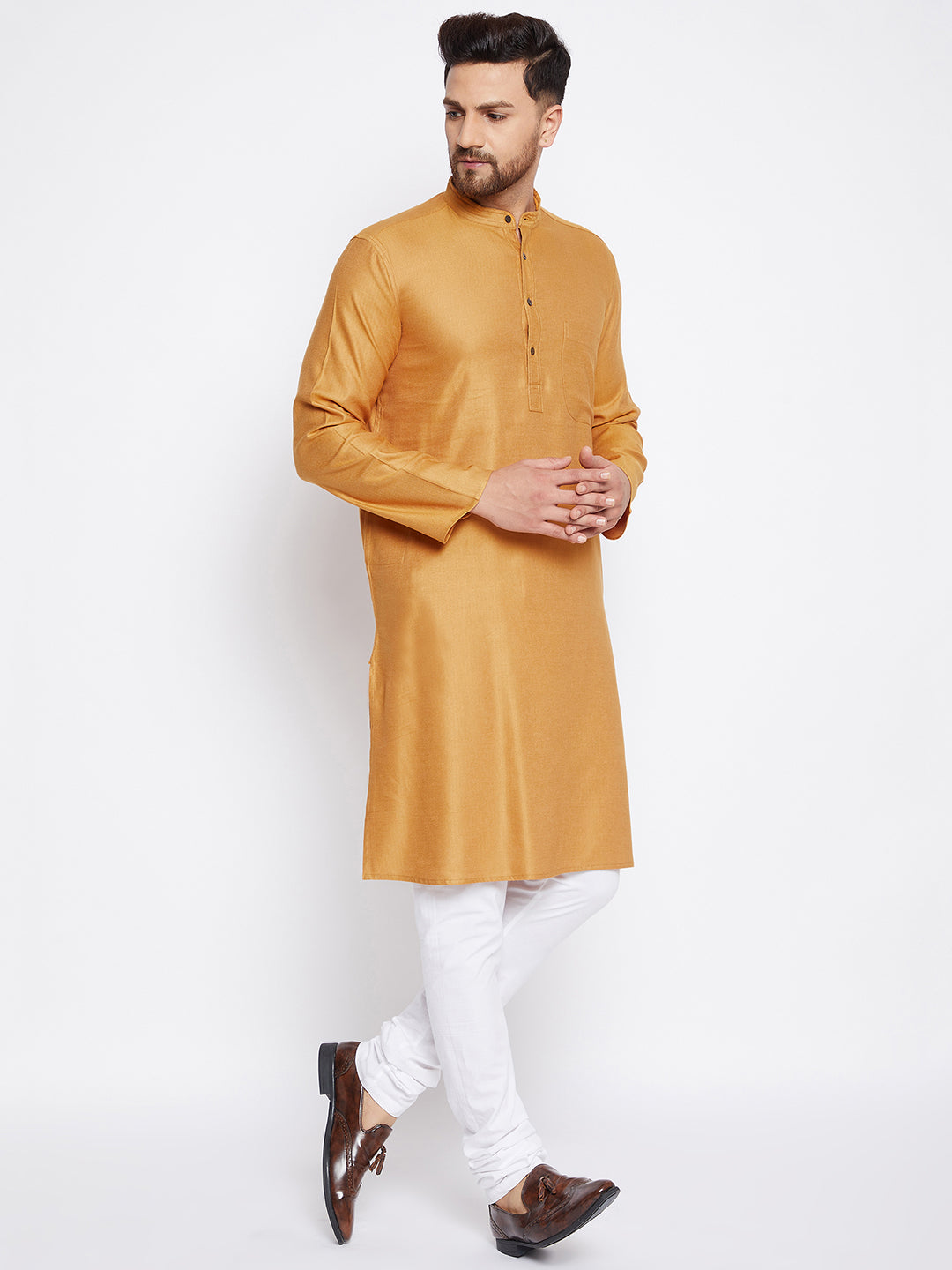 Men's Woven Design Yellow Straight Kurta