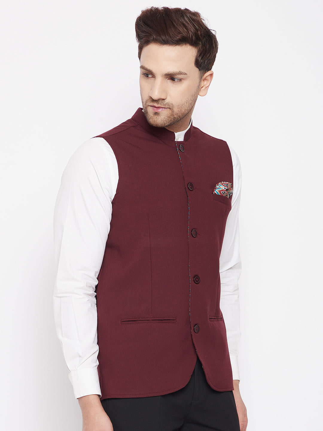 Men's Maroon Color Nehru Jacket-Contrast Lining-Inbuilt Pocket Square