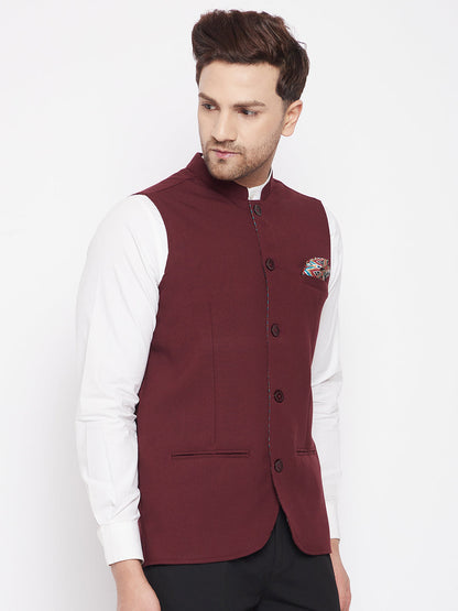 Men's Maroon Color Nehru Jacket-Contrast Lining-Inbuilt Pocket Square
