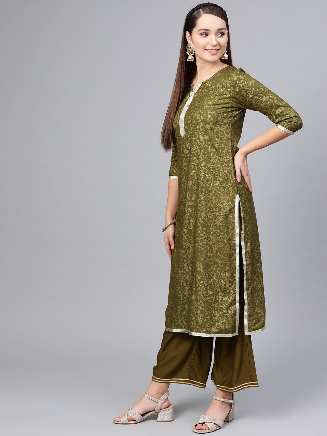 Women's Green Cotton Printed Half Sleeve Round Neck Casual Kurta Palazzo Set