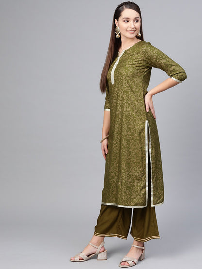 Women's Green Cotton Printed Half Sleeve Round Neck Casual Kurta Palazzo Set
