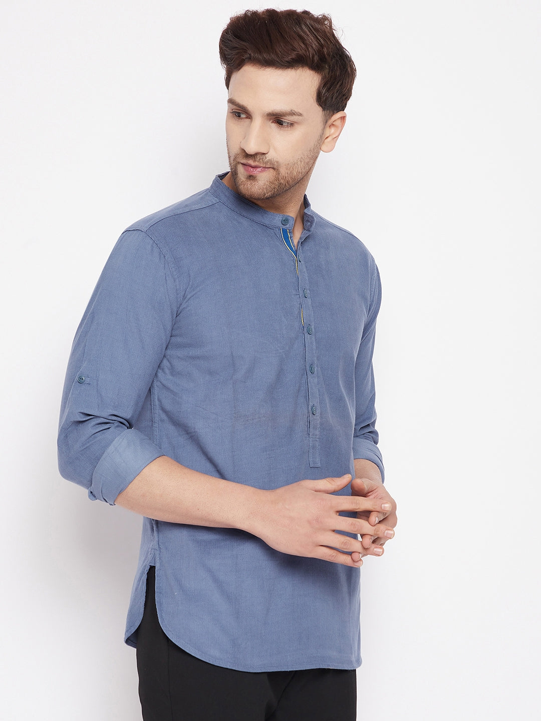 Men's Grey Color Short Kurta with Band Collar