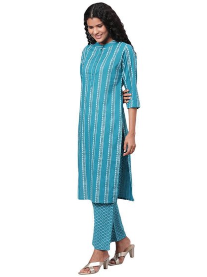 Women's Blue Printed 3/4 Sleeve Cotton Round Neck Casual Kurta Pant Set