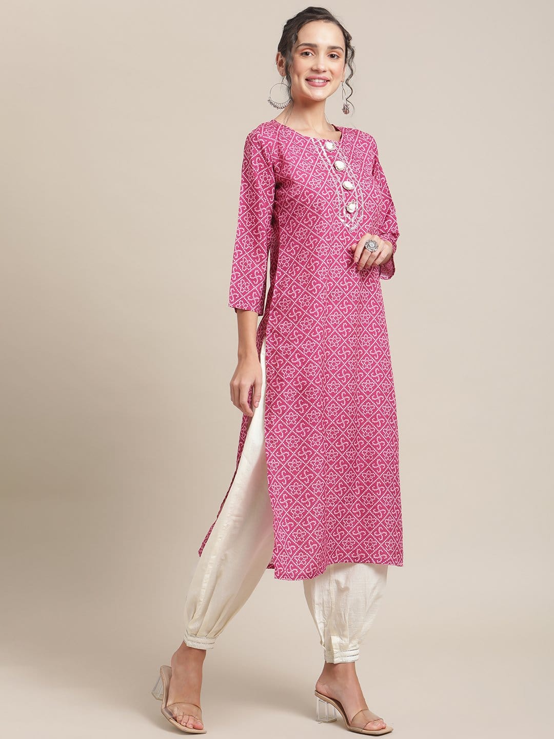 Women's KSUT Wine And White Gota Embelllished Yoke With 3/4Th Sleeves