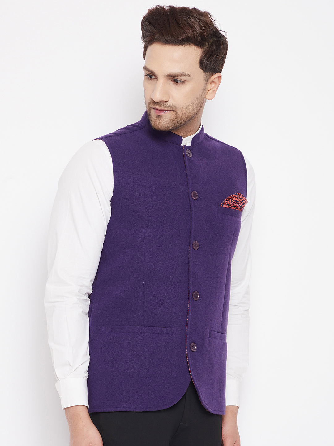 Men's Purple Color Nehru Jacket-Contrast Lining-Inbuilt Pocket Square
