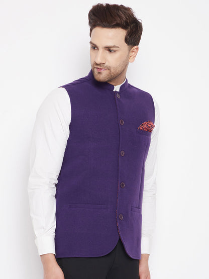 Men's Purple Color Nehru Jacket-Contrast Lining-Inbuilt Pocket Square