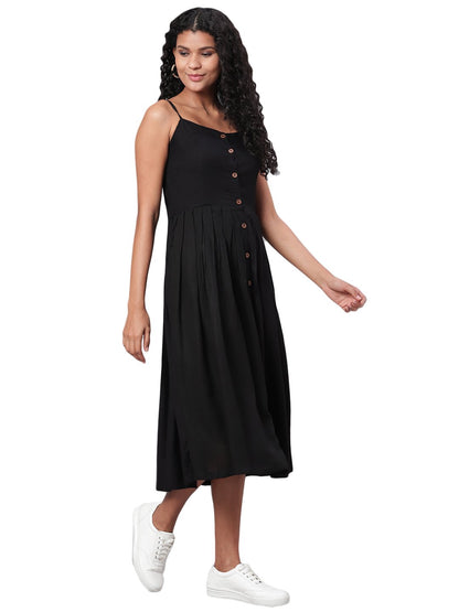 Women's Black Solid Sleeveless Cotton Streps Neck Casual Dress