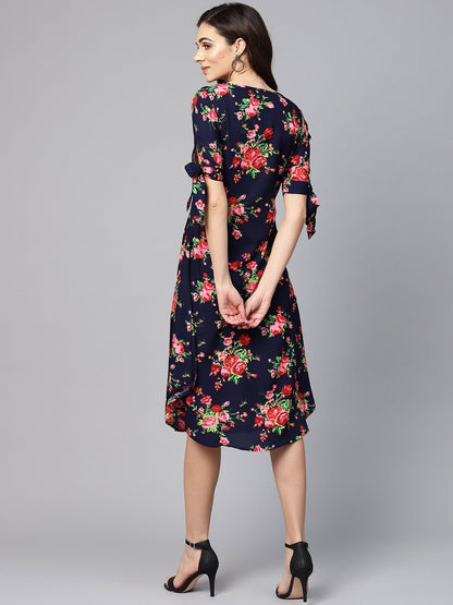 Women's Multi Polyester Printed Half Sleeve V Neck Dress