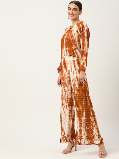 Women's Brown White Tie Dyed Co-Ords