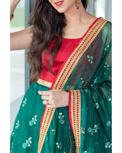 Women's Bottle Green And Red Lehenga Set (3pcs set)