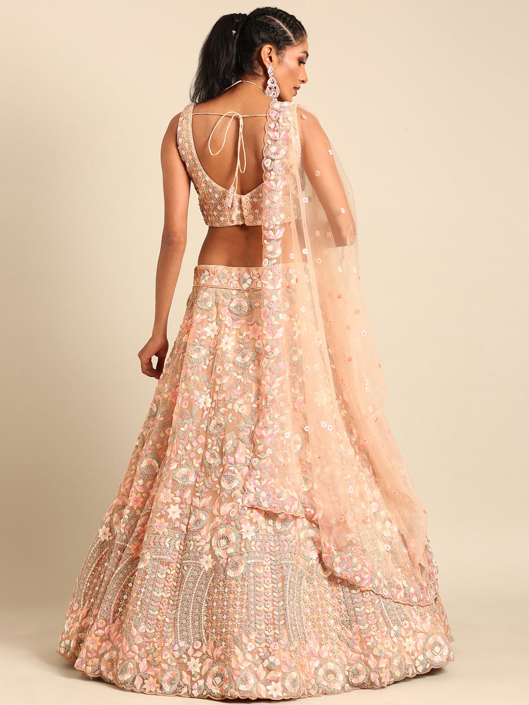 Women 's Peach Net Multi Sequins with heavy Zarkan embroidery Ready to Wear Lehenga choli & Dupatta
