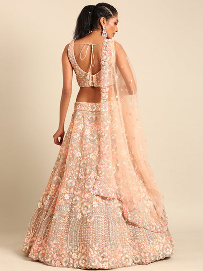 Women 's Peach Net Multi Sequins with heavy Zarkan embroidery Ready to Wear Lehenga choli & Dupatta