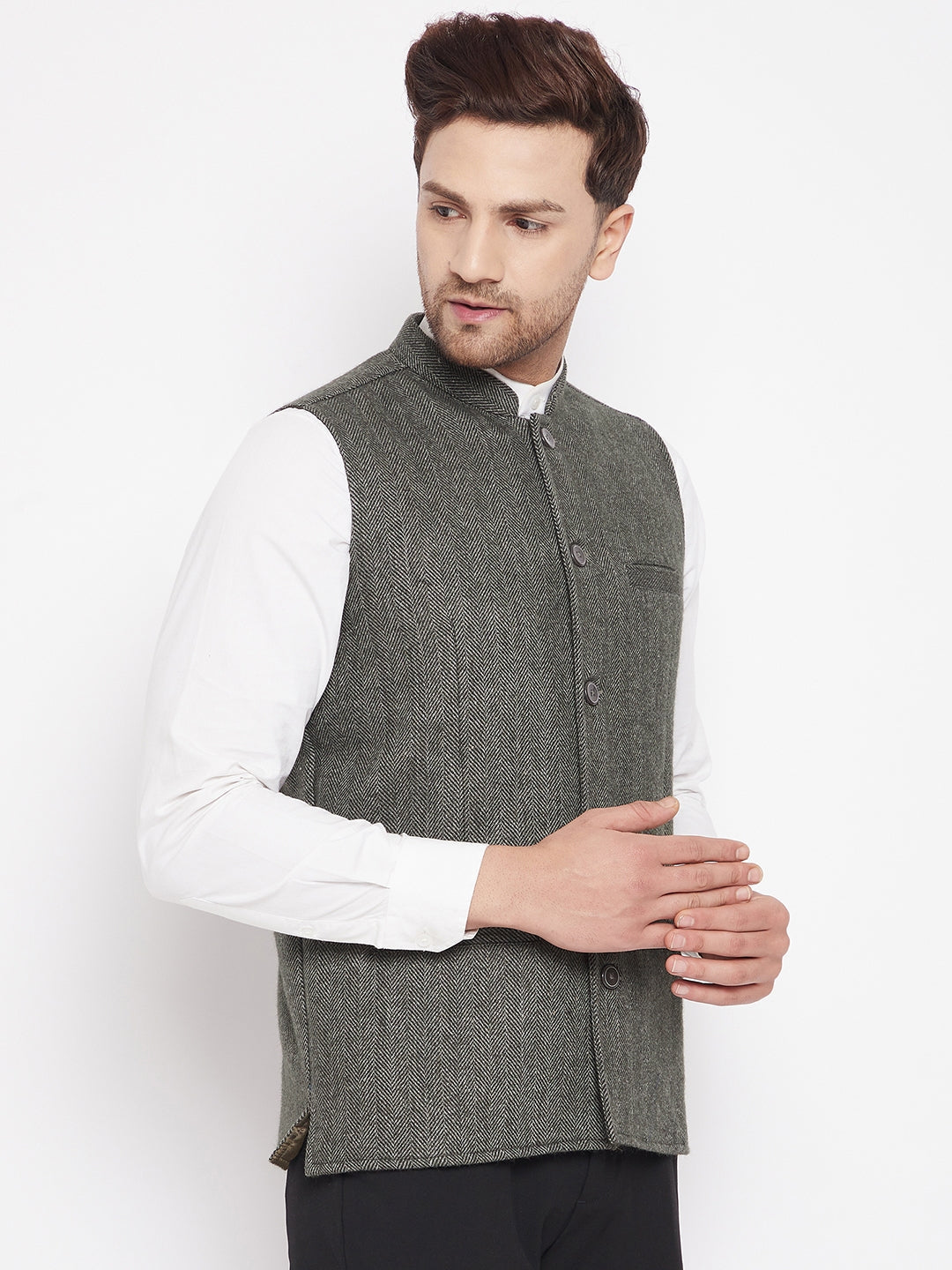 Men's Green Color Woven Nehru Jacket