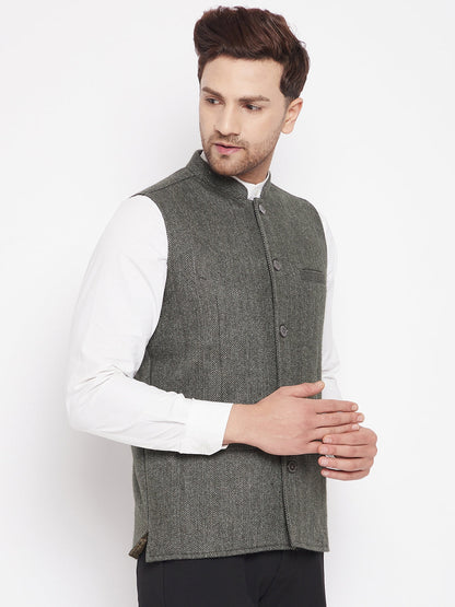 Men's Green Color Woven Nehru Jacket