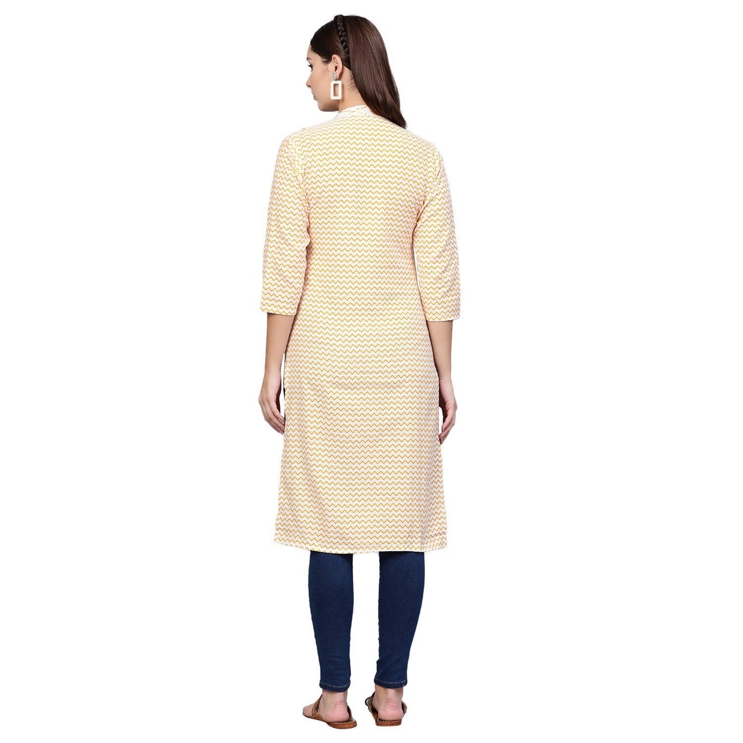 Women's White Cotton Printed 3/4 Sleeve Round Neck Casual Kurta Only