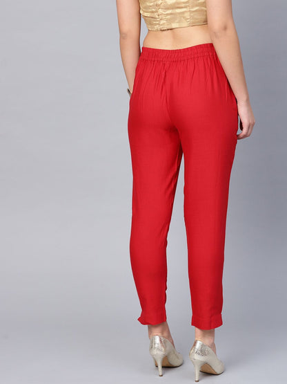 Women's Red Cotton Solid Cigarette Pants