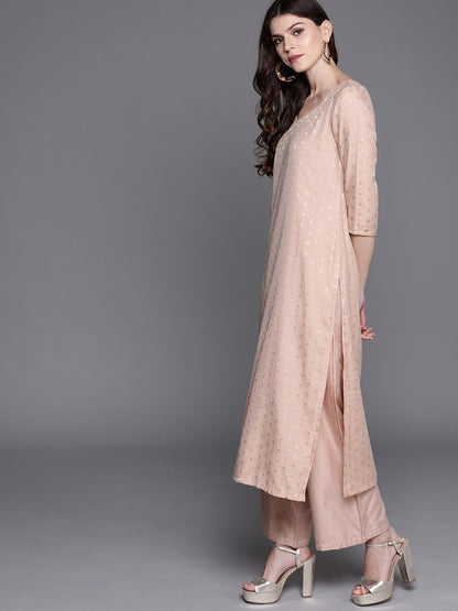 Women's  Pink & Golden Woven Design Kurta with Palazzos