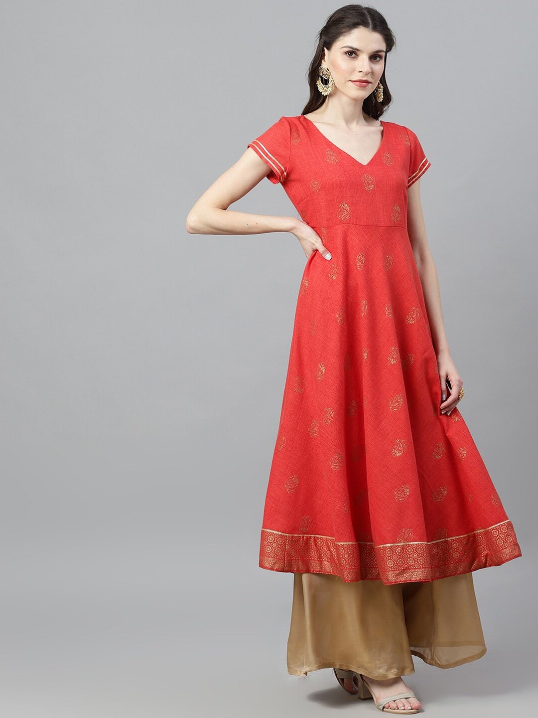Women's  Red & Gold-Toned Woven Design Anarkali Kurta