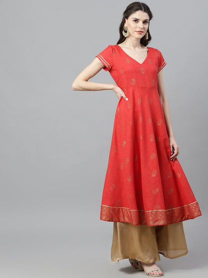 Women's  Red & Gold-Toned Woven Design Anarkali Kurta