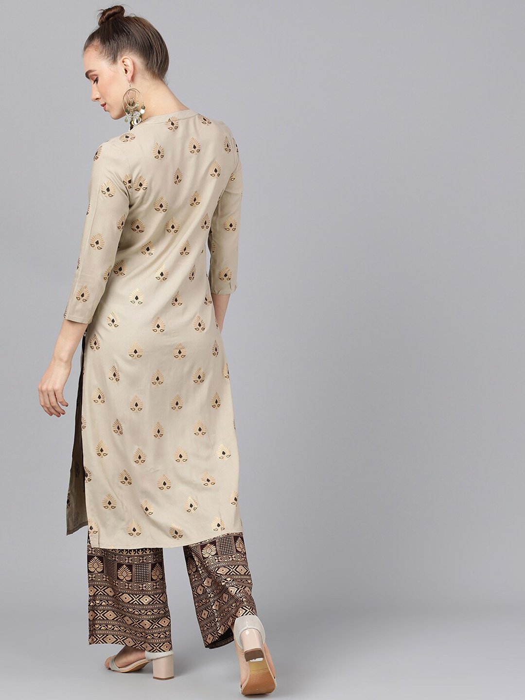 Women's  Nude-Coloured & Brown Foil Printed Kurta with Palazzos