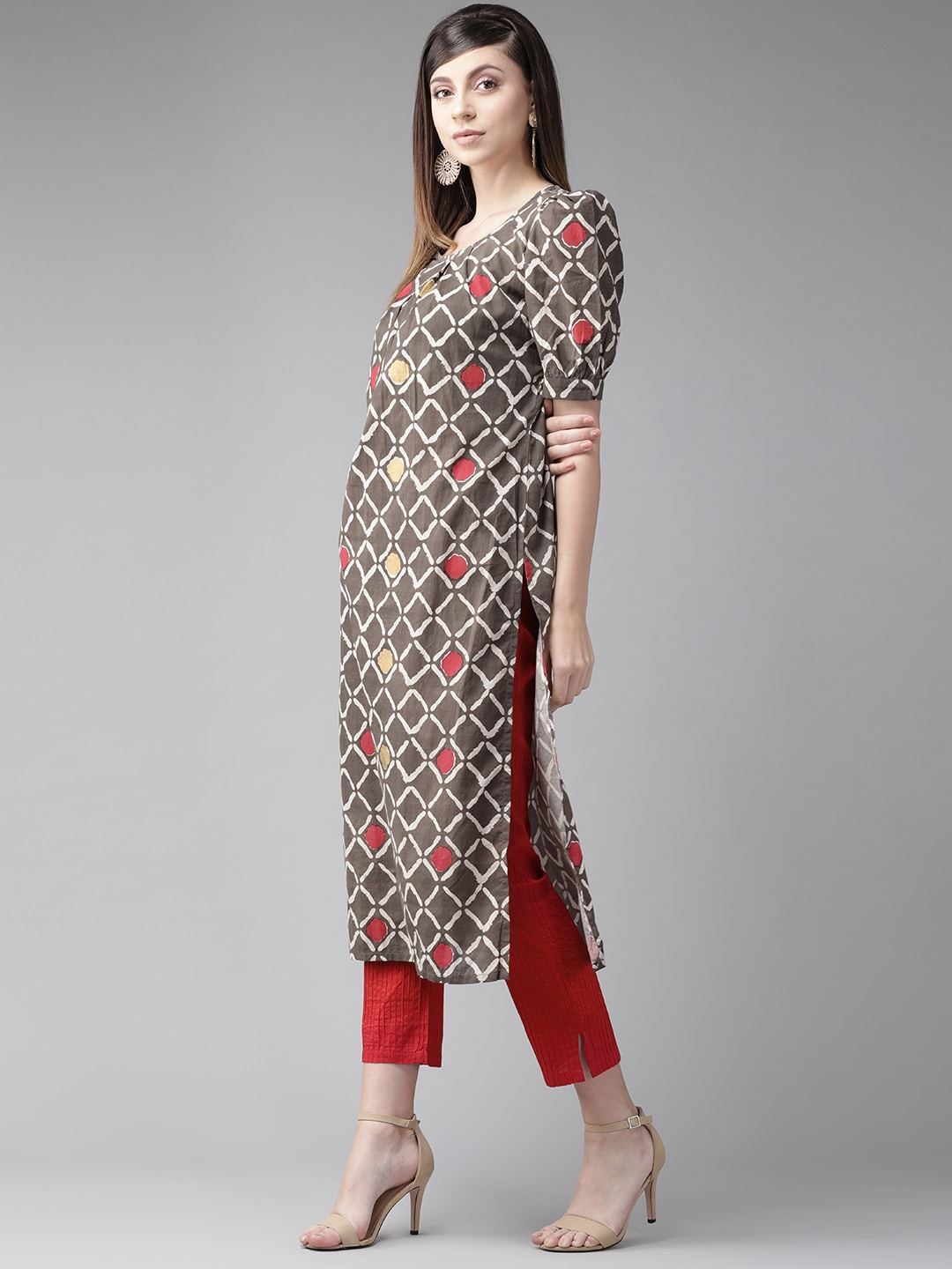 Women's  Brown & Off-White Checked Straight Kurta