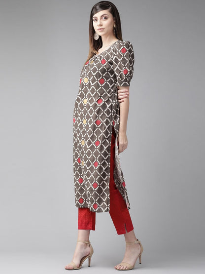 Women's  Brown & Off-White Checked Straight Kurta