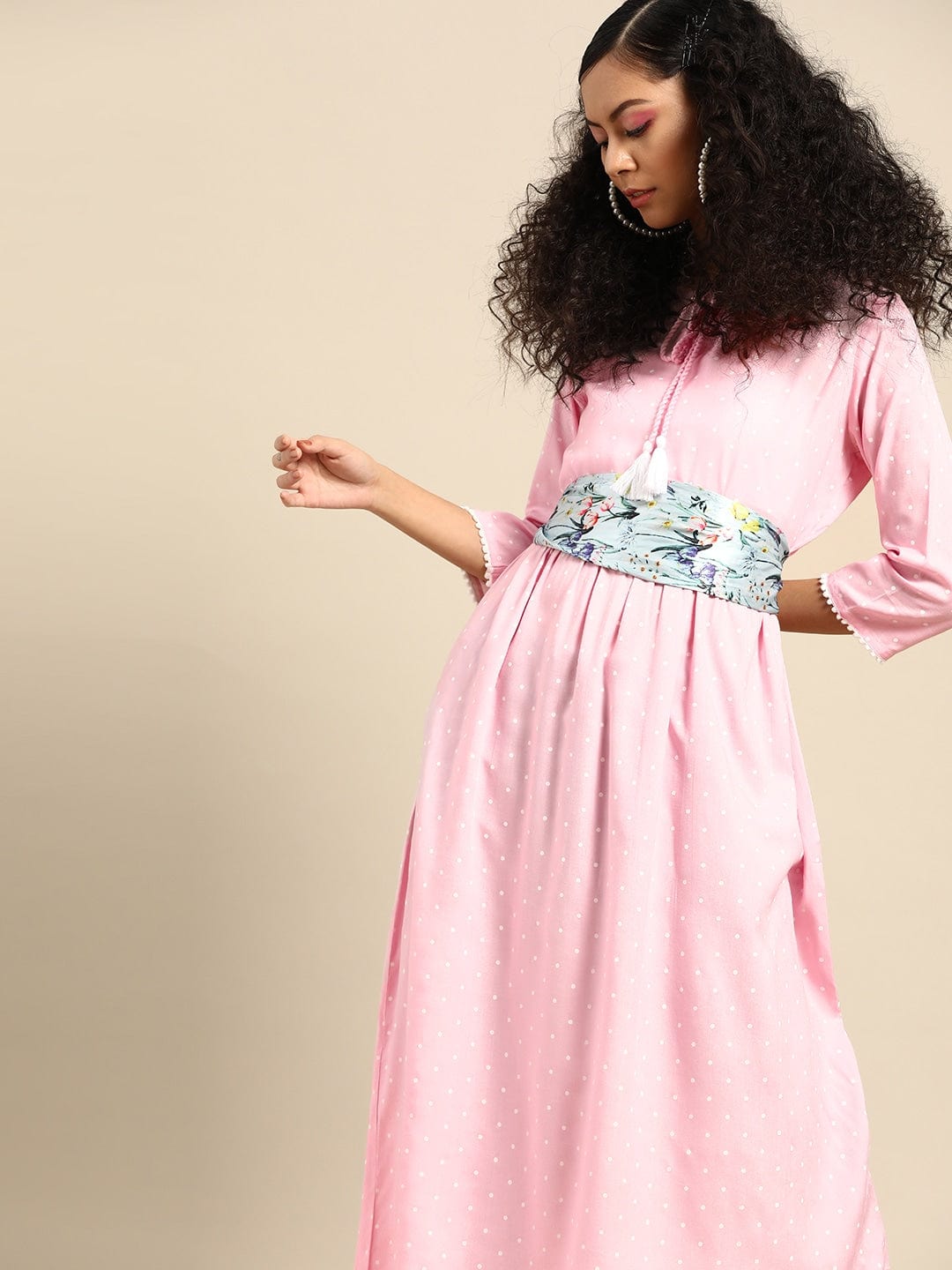 Women's Pink & White Polka Dots Printed Kurta
