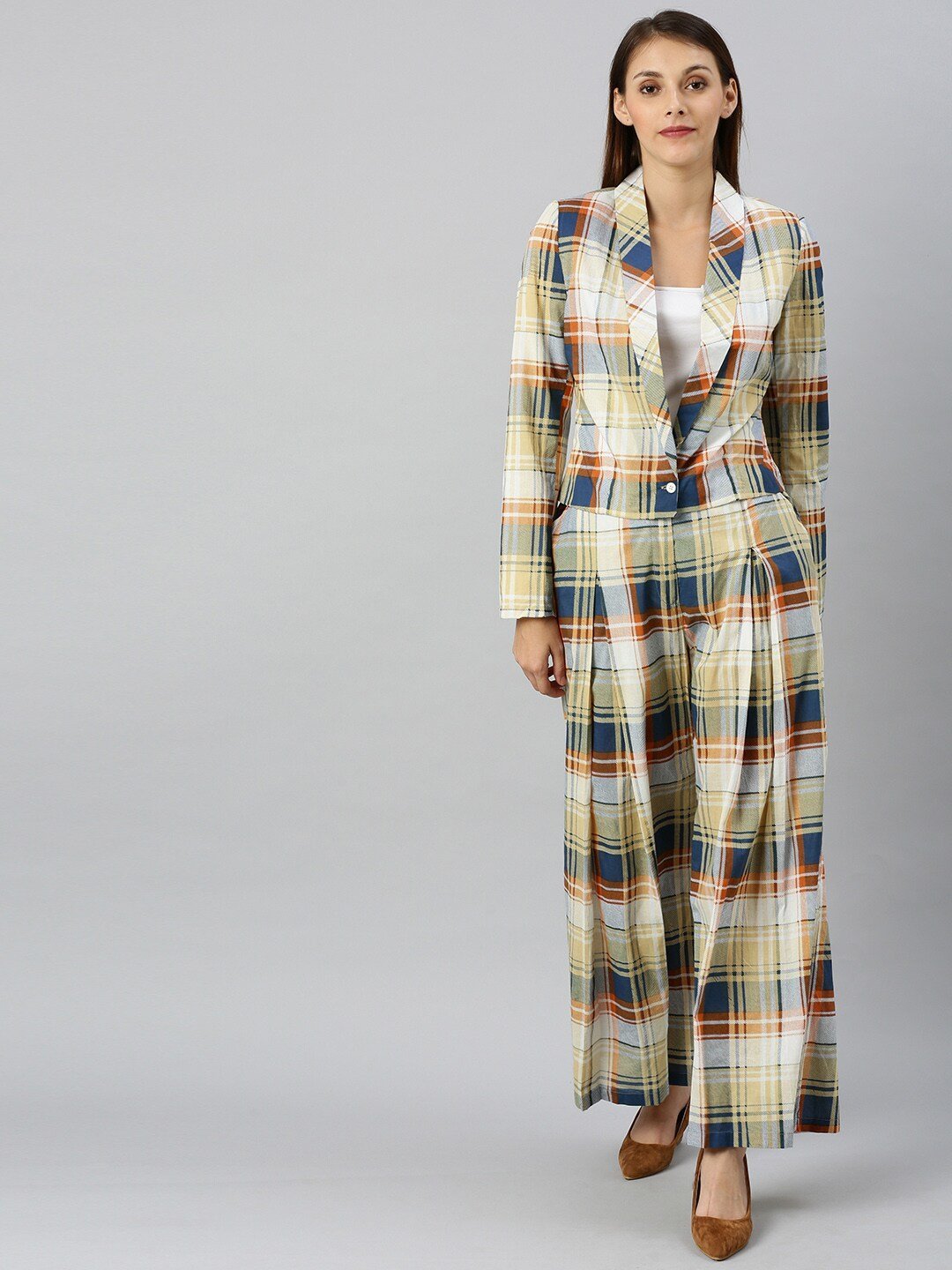 Women's Checked Coat with Palazzos