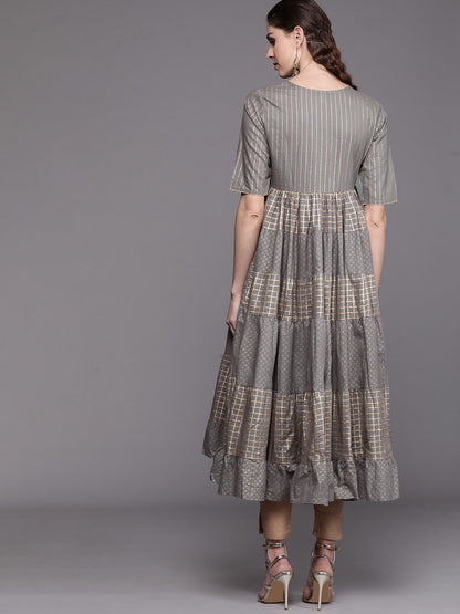 Women's  Grey & Golden Printed Tiered Anarkali Kurta