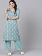 Women's  Grey & Sea Green Woven Design Kurta with Palazzos