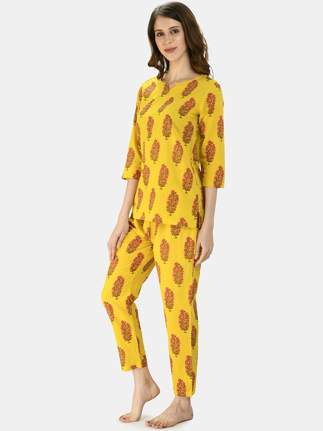 Women's Mustard Cotton Printed Half Sleeve V Neck Casual Night Suit