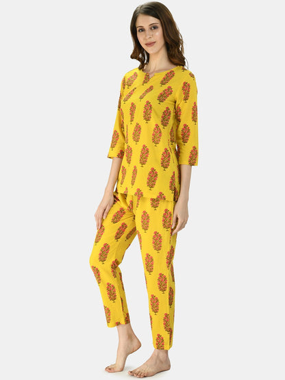 Women's Mustard Cotton Printed Half Sleeve V Neck Casual Night Suit