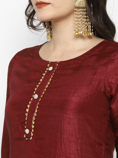 Women's Maroon Color Silk Blend Straight Kurta Palazzo With Dupatta