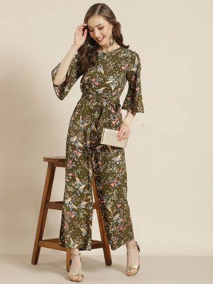 Women's Olive Micro Poly Printed Jumpsuit with Tie-up