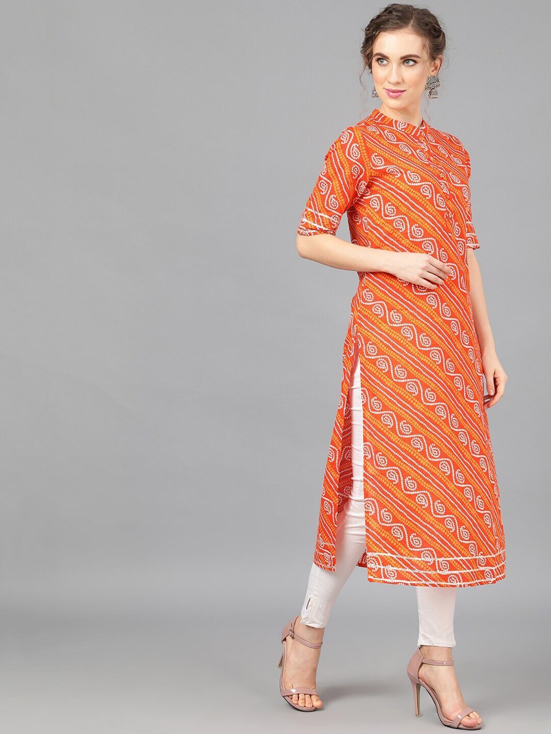 Women's  Orange & White Printed A-Line Kurta