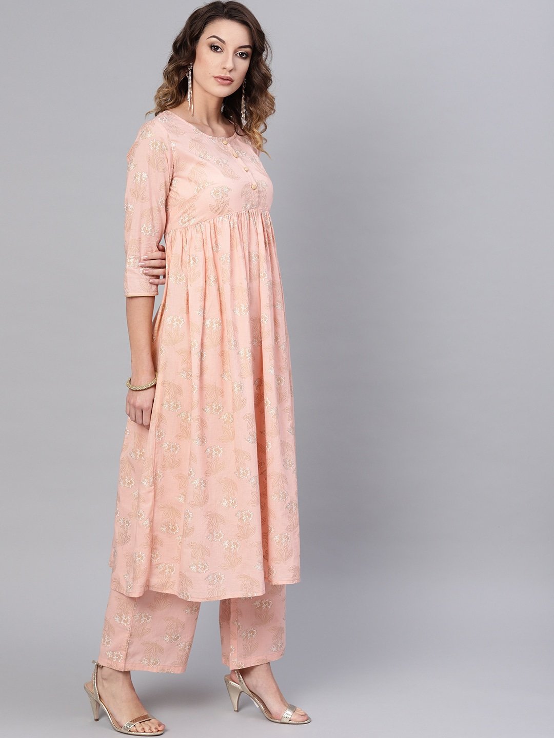 Women's  Peach-Coloured & Golden Printed Kurta with Palazzos