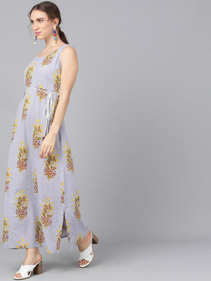 Women's  Grey Printed Kantha Work Maxi Dress