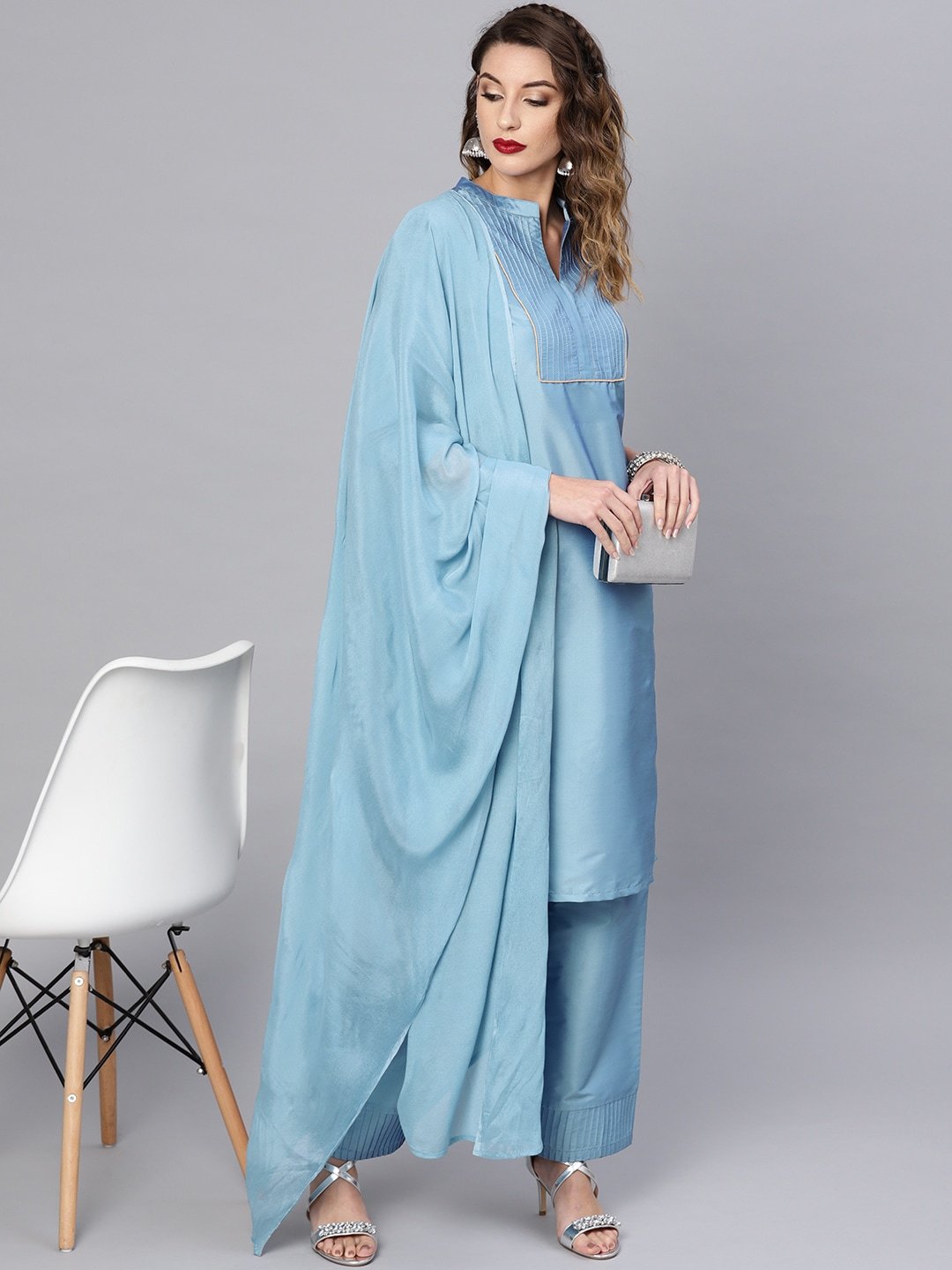 Women's  Blue Solid Kurta with Palazzos & Dupatta